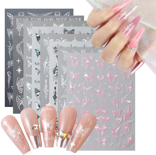 8 Stück 3D Metallic Schwarz Schmetterling Nagelsticker,Nail Sticker,Nageldesign Zubehör,Holographisch Laser Schwarz Schmetterling Nagelsticker,Nailart-Accessoires für Frauen oder Mädchen