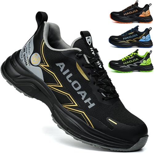 UOQC Zapatos de Seguridad Hombre Mujer Calzado de Trabajo Transpirables Ligeras Tenis Zapatillas de Trabajo con Punta de Acero Antideslizantes Resistentes Impactos Cómodas para Almacén Negro 42 EU