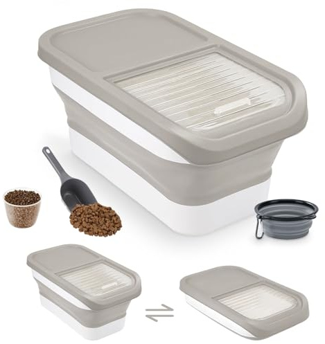 Druuzyl Conteneur à Croquettes pour Chien/Chat 5KG - Boîte de Stockage Pliable avec Cuillère et Tasse à Mesurer,Bowl pliable pour chien, Gris, Seau Hermétique pour Nourriture et Friandises Animaux