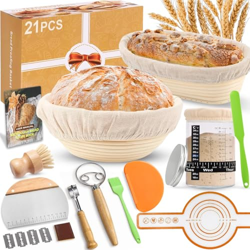 RIZENCE Sourdough Starter Kit, 21PCS Banneton Bread Proofing Basket Set, 9 Round & 10 Oval Proving Basket Natural Rattan, Complete Bread Making Accessories with Glass Sourdough Starter Jar