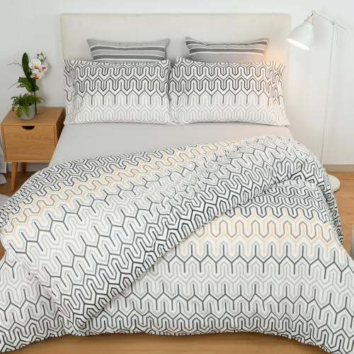 H HANSEL HOME Juego Nórdico 4 Piezas para Cama 150 – 100% Microfibra Suave y Resistente – Funda Nórdica + Sábana Bajera Ajustable + 2 Fundas de Almohada – Color Zigzag Neutro