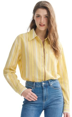 MOLISILK Womens Silk Blouse Long Sleeve Tops Dressy Casual Blouses Button Down Shirt Striped Work Collared Shirts with Pocket Ladies Trendy Silk Cotton Blend Business Spring Summer Outfits,Yellow,M