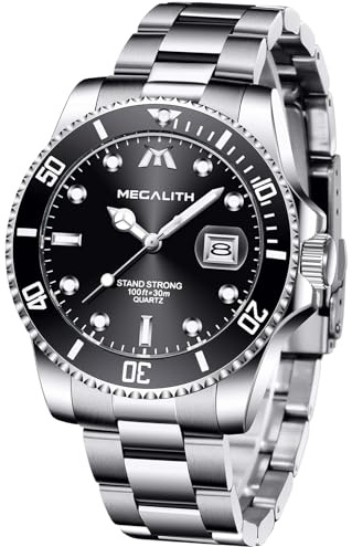 MEGALITH Vintage Montre Homme Analogique: Acier Argent Montres Bracelet Hommage avec Date Etanche Lumineuses - Cadeaux pour Hommes Robe Mode Élégante