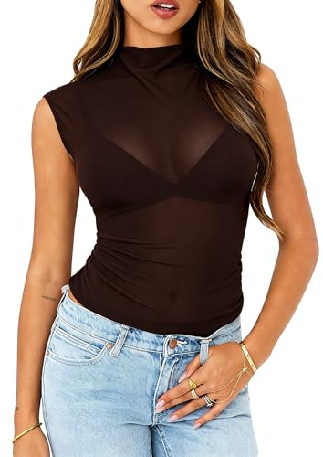 Coloquin Womens Sexy Sheer Mock Neck Sleeveless Mesh Tops See Through Party Going Out Tank Tops