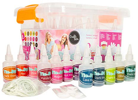Crafts&Co® Tie Dye Kit, 15 Textil Farben Set, Batik, Stofffarbe, Kleidung selber färben, Knüpfbatik Kit für Kinder und Erwachsene