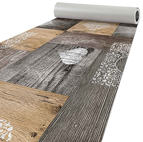 ANRO Küchenteppich Läufer Küchenläufer Teppichläufer Bodenläufer Holz Braun Herz Liebe Abwaschbar 160x50cm