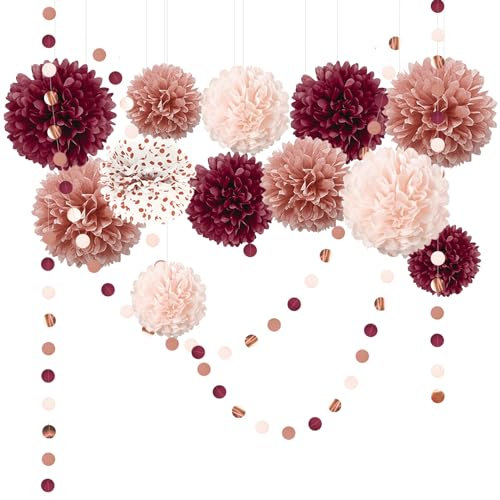 NICROLANDEE 15 Stück Weinrot, Rosa, Roségold, Seidenbommeln und Kreispunkte, Girlande, Party-Dekoration für Valentinstag, Brautparty, Geburtstagsfeier, Hochzeit, Bachelorette, Verlobung, Jubiläum