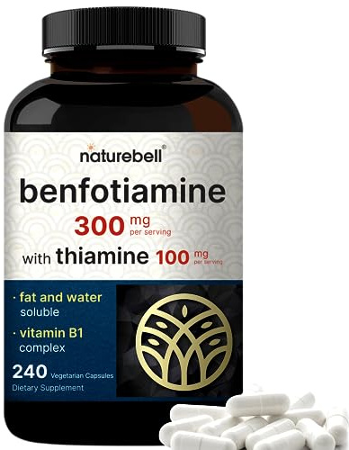 NatureBell Benfotiamine with Thiamine - 240 Vegetarian Capsules - 300mg Benfotiamine & 100mg Thiamine - for Heart Health, Energy Production & Nervous System Support* - Vitamin B1 Complex
