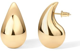 PAVOI 14K Gold Plated 925 Sterling Silver Post Teardrop Chunky Hoop Earrings - Lightweight Drop Yellow for Women - 22mm Designer Earring