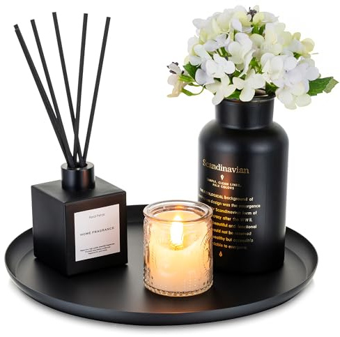 Romadedi Black Decorative Candle Tray - Round Trays Decor for Coffee Table Centerpiece Metal Serving Tray for Kitchen Counter Organizer Modern Farmhouse Home Decorations, 11 Inch