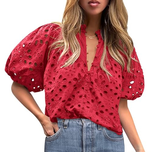 Melwod Hauts à Œillets pour Femmes, Hauts d'Été, Blouses à Œillets pour Femmes Découpe Vide en Dentelle Brodée, Blouse à Col V avec Boutons, Manches Pouf Rouge, Grande