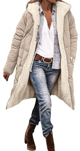 DUHENWU Winter Coats for Women UK Warm Fleece Lined Overcoat Outerwear Full Zip Hooded Long Jackets Ladies Long Sleeve Down Jacket Longline Padded Puffer Coat Cardigans Quilted Raincoat Hoodies Khaki