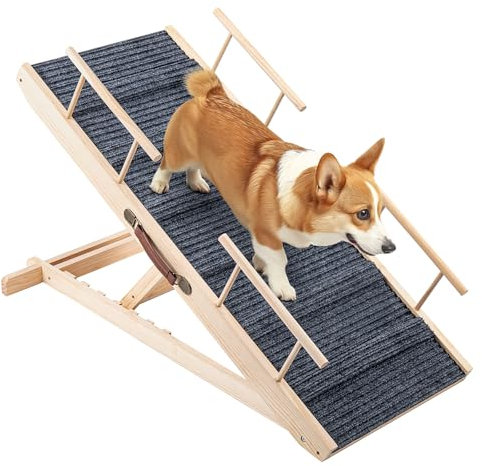 Queiting Hunderampe Treppen & Stufen für Hunde Haustierrampe Klappbare und höhenverstellbare Hundetreppe aus hochwertigem HolzRutschfeste Belastbarkeit bis 100kg Verstellbereich von 30cm bis 60cm