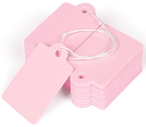 Uniclife 200 Pcs Price Tags with String Attached 1 3/8 x 7/8 Writable Pink Hang Tag String Tag for Pricing Clothing Jewelry Price Display Labels Blank Merchandise Marking Paper Label