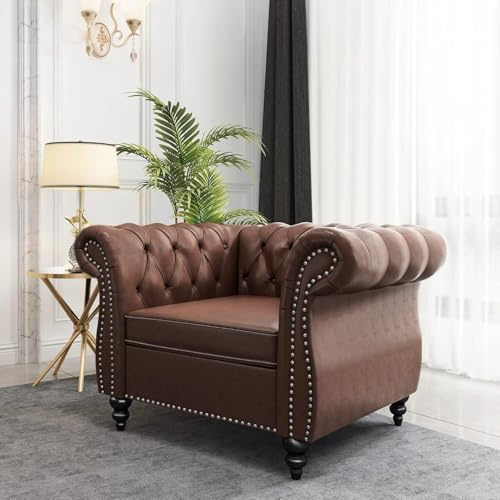 AVZEAR Leather Upholstered Armchair, Mid-Century Modern Single Sofa Chair with Rolled Arms and Nailhead, Tufted PU Leather Chesterfield Chair for Living Room, Bedroom, Office, Apartment, PU Brown