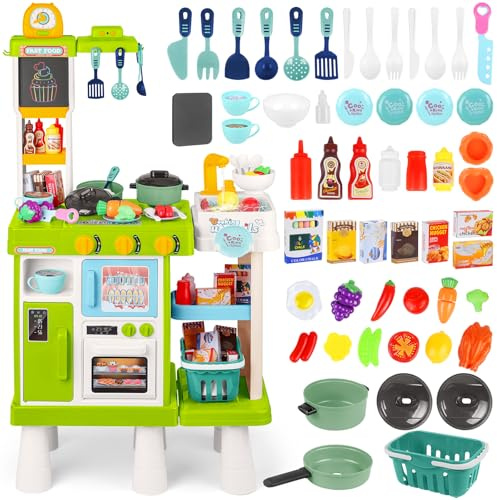 deAO Cucina Giocattolo per Bambini - 54PCS Altezza Regolabile Doppio Lato Gioco di Ruolo da Cucina con Luce Suono Acqua Vapore Frigorifero Lavastoviglie e Accessori | Verde