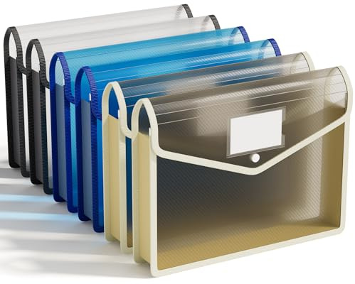 ABC life Pochette Plastique A4, 6 Pcs Enveloppe Transparente Chemise à Bouton Pression Polypropylène Porte-Document Extensible Fichier Document, Poly Poches Enveloppe avec Porte-Cartes de Visite