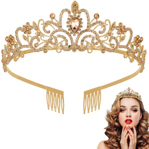 Couronne princesse, Diademe femme, Couronne anniversaire, Couronnes reines, Couronnes princesse adultes,Convient pour les anniversaires, les mariages,bal de fin d'année (Gold B)