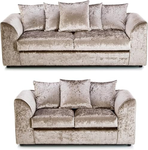 Crushed Velvet Sofa - 3+2 Seaters with Scatter Back Cushions - Dylann 3 Seater Sofa Settee - 2 Seater Suite for Living Room Lounge Drawing Room & Office Indoors (Mink, 3+2 Seater)