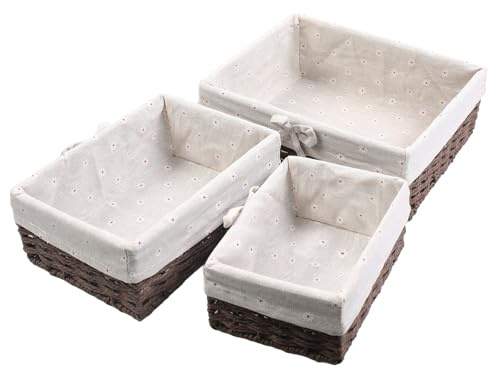 YedZen 3er Set Brotkorb, 3 Größen Brotkörbchen mit Baumwolleinsatz ＆Metallrahmen, Geflochtener Korb, Aufbewahrungskorb, Brötchenkorb aus Papierseil, Frühstückskorb für Brot Dessert, Deko-Korb, Braun