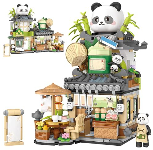 SGZIOO Mini Blocchi da Costruzione Panda House, Casa da Tè Building Blocks, Mini City Shop Street View, Regalo Creativo Fai da Te con Blocchi ad Incastro, Decorazione Casa