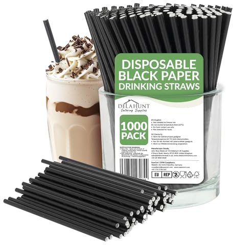 8-Inch (20cm) Black Paper Drinking Straws [1000 Pack] - Disposable Compostable Eco-Friendly Straws for Smoothies, Milkshakes, Juices, Parties, Bars & Cold Drinks | 3-Ply FSC-Certified, PFAS & BPA-Free