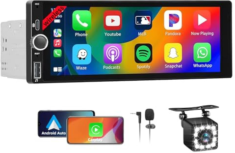 Wireless Autoradio CarPlay 1 DIN - 6.86 Pollici Touchscreen Stereo Auto Bluetooth con Schermo, Radio 1 Din Car Play Supporta Mirror Link con Telecamera, RDS FM Radio/Type-C de Recharge/Mic/SWC