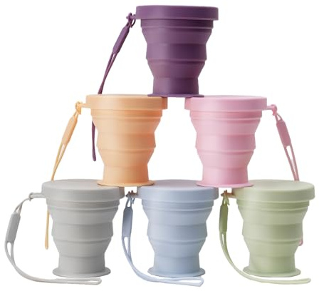 Lot de 6 gobelets de voyage pliables en silicone avec couvercles – Ensemble de verres pliables réutilisables | Tasses portables étanches pour le camping, la randonnée, les voyages et les pique-niques