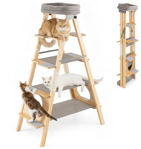 COSTWAY Klösträd och stege, 5-vånings kattträd med sisal-klösstolpar och vadderad liggplats, vikbart klättortorn, av massiv furu, stort kattklösträd, 151 cm högt, natur