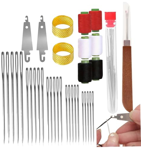 Kit Aghi da Cucito in Acciaio Big Eye, Set di Aghi da Cucito a Mano in Acciaio Inossidabile da 37 Pezzi con Infila-ago, Ditale e Bobine di Filo per Adulti, Decorazione