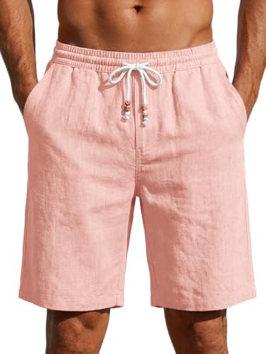 Runcati Herrbyxor i lätt linne | enfärgade bomullbyxor | sommarbyxor | chino – sportbyxor för stranden, fritid och casual med elastiskt midjeband och fickor, Rosa, M