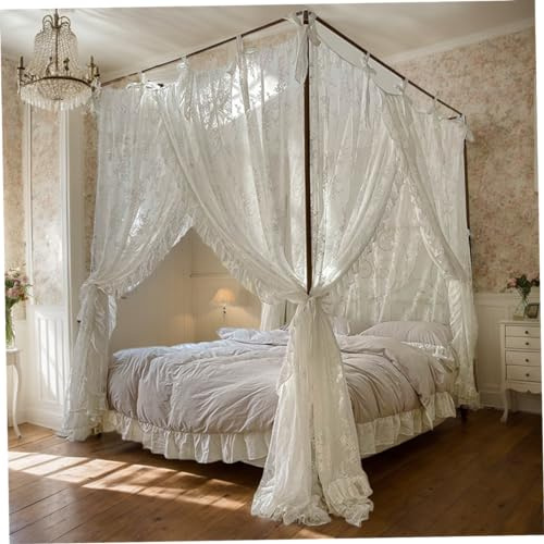 Comebachome Rideaux de lit à baldaquin, Ciel de lit Princesse en Dentelle à Trois Ouvertures, Rideaux Suspendus 4 poteaux d'angle avec Attaches, adaptés 4, 92 Pieds