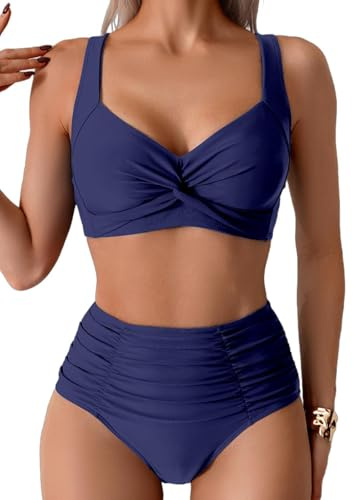Women's High Waisted Bikini Set Push Up Twist Front Swimsuits Two Piece Tummy Control Swimwear Bathing Suit (UK, Alpha, M, Regular, Regular, Blue)