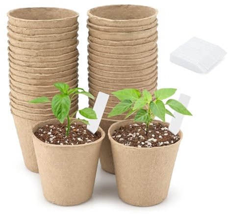 KINGLAKE Biodegradable Small Plant Pots Fibre Seedling Pots, 6cm 50Pcs Compostable Flower Seed Pots for Planting Vegetables, Fruits, Herbs with 100 Plant Labels