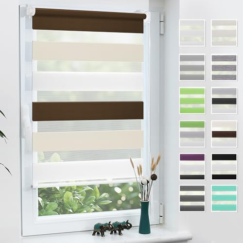 Grandekor Doppelrollo Klemmfix ohne Bohren 75x130cm Stoffbreite 75cm Weiß-Beige-Braun Fenster Rollos für innen Klemmrollos Duo Rollos für Fenster ohne Bohren Privatschutz UV-Schutz Zebrarollo