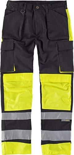 Workteam Pantalón Trabajo de Alta Visibilidad, Triple Costura, Tejido Grueso y Cintas Reflectantes. Hombre Negro+Amarillo A.V. 50