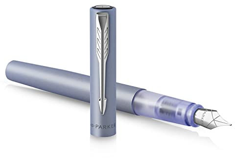 Parker Vector XL Fountain Pen | Metallic Silver-Blue Lacquer on Brass | Fine Nib with Blue Ink Refill | Gift Box