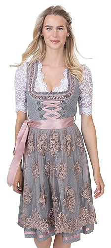 Schöneberger dräkter couture exklusiv designer Dirndl inkl. handbroderat spetsförkläde – Jacquard-Dirndl i grå/gammalrosa sophie, Grå/gammelrosa, 40