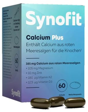 Synofit Calcium Plus 60 Weichkapseln I Mit Calcium aus Rotalgen, Vitamin D3 & K2, Magnesium, Zink & Mangan I Für starke Knochen