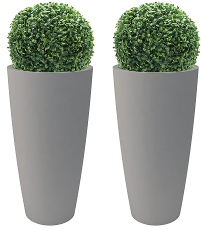 Nicoli Vaso Alto Style 36x70 cm con 2 Pezzi Bosso Artificiale – Vaso Decorativo da Interno ed Esterno in Plastica Resistente – Vaso per Piante con Sottovaso Estraibile – Colore Tortora