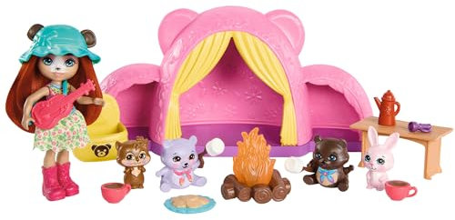 Enchantimals-Puppe und Zubehör, Zeltabenteuer-Kuschelfreunde-Spielset, Puppe und Bester Tierfreund, Schlafsack, Lagerfeuer und vieles mehr, Geschenke für Kinder, HTW71