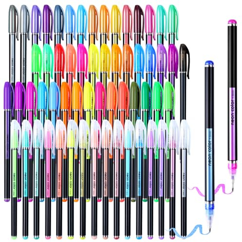 Joyoldelf 60 farbige Gel Stifte, 15 Metallisiert, 15 Glitter, 15Neon Glitter, 15 Stifte, feine Spitze Standard farbige Glitter Stift Spitze, farbiger Stift Perfekt zum Schreiben