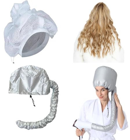 KONFEN Haube Haartrockner, 2-in-1 Netz Plopping Cap für das Trocknen von lockigem Haar, Upgraded Trocknen Haar Kappen, Mesh Duschkappen Set zum Trocknen von lockigem Haar Pflege(Silver+White)