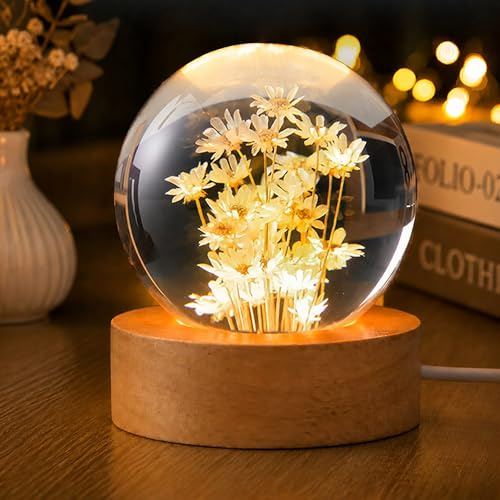 Kristallkullampa - 6 cm blomsterlampa med glasboll med LED-ljus och träbas, dekorativ lampa för sovrumsdekoration och vardagsrumsdekoration (gula tusenskönor)