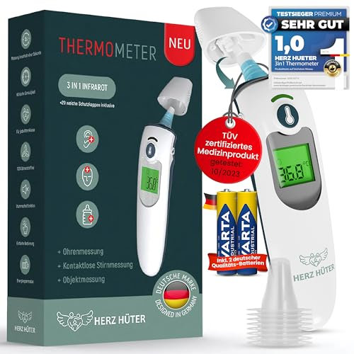 Herz Hüter® Fieberthermometer, 3-in-1 Thermometer, Stirn- und Ohrthermometer, für Säuglinge, Kinder & Erwachsene, ausgezeichnete Genauigkeit und Sicherheit, TÜV-zertifiziertes Medizinprodukt