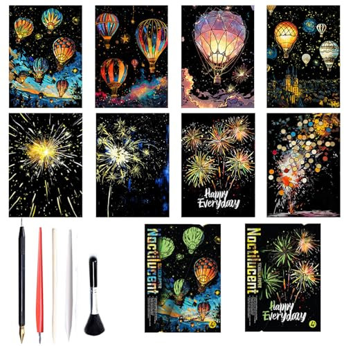 Georgie Porgy Kratzbilder Set DIY Bastelsets für Kinder Erwachsene Magic Rainbow A4 Kratzpapier für Weihnachten Geburtstagsgeschenk mit Kratzwerkzeuge Kit (Nachtleuchtend Feuerwerk+Heißluftballon)