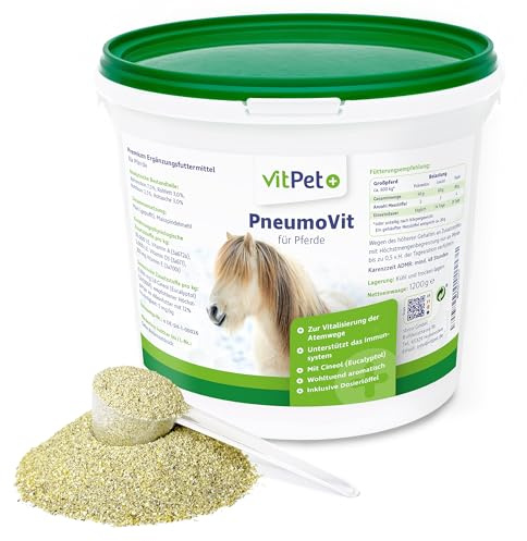 VitPet+ PneumoVit – Caballo para la tos – 1,2 kg – Con eucaliptol natural – Apoyo respiratorio e inmunológico – Facilita la expectoración – Expectorante y calmante