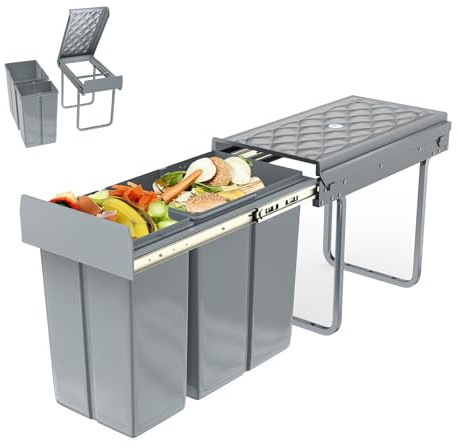 AufuN Sophink avfallsbehållare sopkorg kök underskåp utdrag, avfallssepareringssystem 2 fack utdragbar 1 x 20 l 1 x 10 L, fullt utdrag med teleskopskenor, 48 x 26 x 42 cm (L x B x H), grå