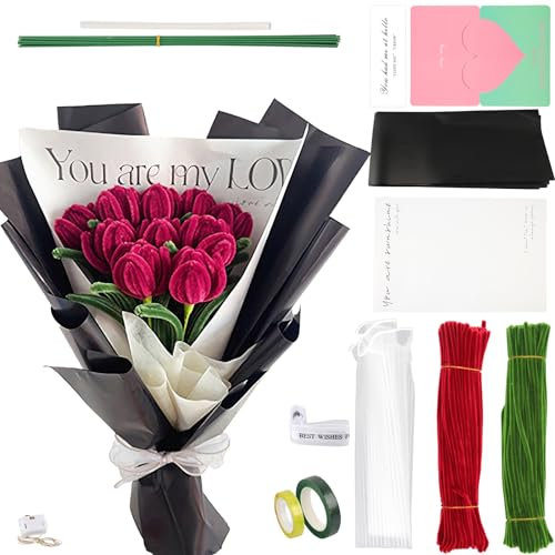 Tulpenstrauß Blumenstrauß Pfeifenreiniger Set mit Pfeifenputzer Bunt, Pfeifenputzer Blumenstrauß zum Bastel, Pipe Cleaner mit Blumendraht und Blumenband für Tulpenstrauß Bastelprojekte (rot)