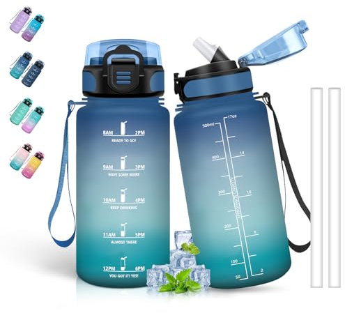 Trinkflasche Kinder, Trinkflasche 500ml, Trinkflasche mit Strohhalm, Leicht zu Reinigen, Trinkflasche Auslaufsicher, Trinkflasche Zeitmarkierung, Wasserflasche für Schule, Reisen, Camping, Blau-Grün